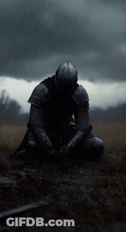 A Knight In Armor Is Kneeling Down In The Grass GIF