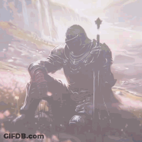 A Knight In Armor Is Kneeling Down With A Sword In His Hand GIF