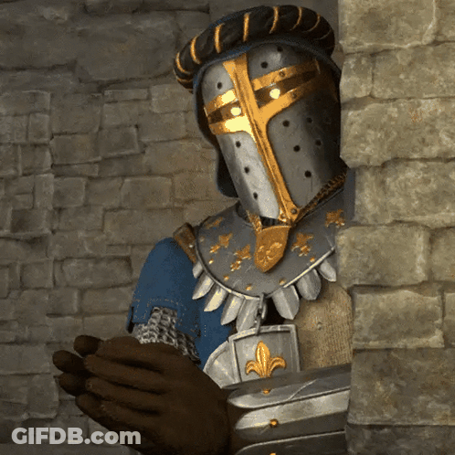 A Knight In Armor Is Peeking Out From Behind A Wall GIF