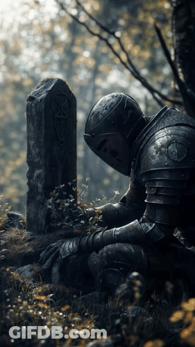 A Knight In Armor Kneeling In Front Of A Gravestone GIF