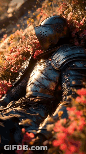 A Knight In Armor Laying In A Field Of Flowers GIF