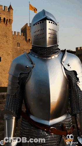 A Knight In Armor Stands In Front Of A Castle With A Flag In The Background GIF