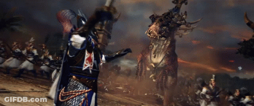A Knight Is Riding A Horse In Front Of A Giant Monster With Horns GIF