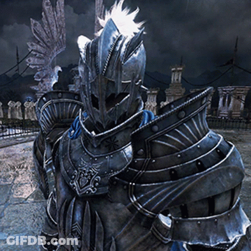 A Knight Wearing A Helmet And Armor Is Standing In Front Of A Cemetery GIF