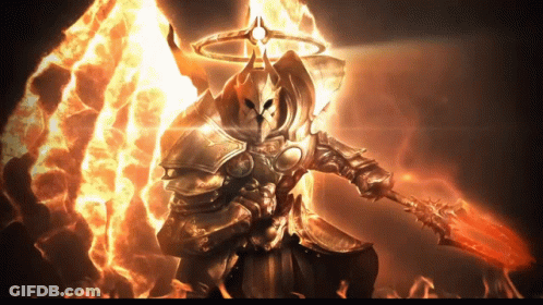 A Knight With A Halo On His Head Is Holding A Spear In Front Of A Fire GIF