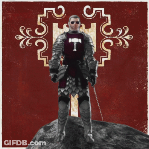 A Knight With A Hammer On His Chest Is Standing On A Rock GIF