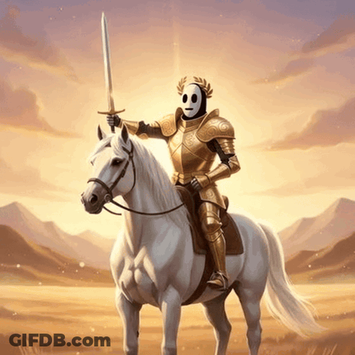 A Knight With A Mask On His Face Is Riding A White Horse GIF
