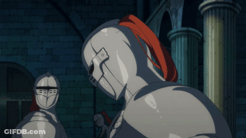 A Knight With A Red Ponytail Is Standing Next To Another Knight In Armor GIF