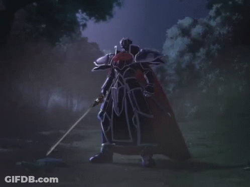 A Knight With A Sword And A Cape Is Standing In The Dark GIF