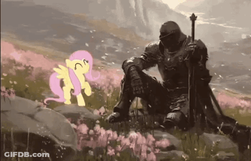 A Knight With A Sword Is Kneeling Down Next To A Pink Pony . GIF
