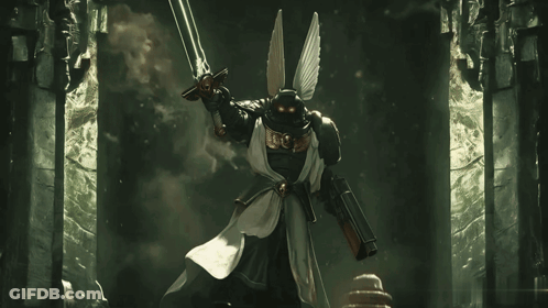 Winged Knight Holding Sword And Gun GIF