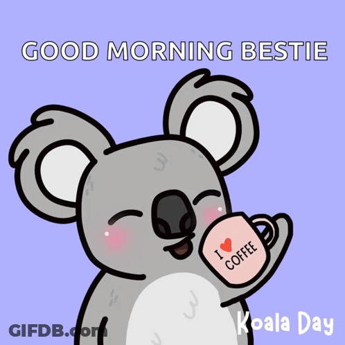 A Koala Bear Drinking From A Cup That Says I Love Coffee On It GIF