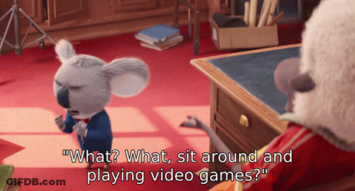 A Koala Bear In A Suit And Tie Says " What What Sit Around And Playing Video Games ? " GIF