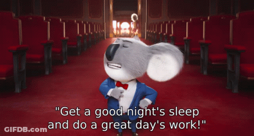 A Koala Bear Says " Get A Good Night 'S Sleep And Do A Great Day 'S Work " In A Theater GIF