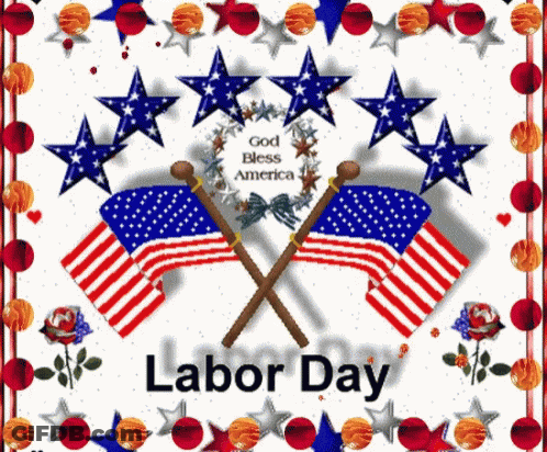 A Labor Day Greeting Card With Crossed American Flags GIF