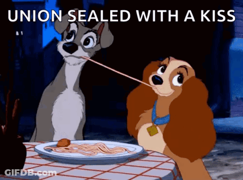 A Lady And The Tramp Cartoon With A Caption That Says " Union Sealed With A Kiss " GIF