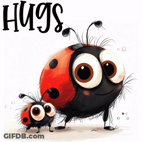 A Ladybug And A Baby Ladybug Are Standing Next To Each Other With The Words Hugs Above Them GIF