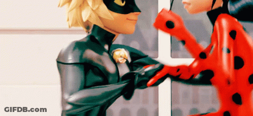 A Ladybug And Cat Noir Are Holding Hands In Front Of A Door GIF
