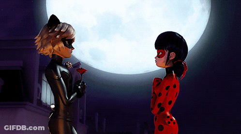 A Ladybug And Cat Noir Are Standing In Front Of A Full Moon GIF