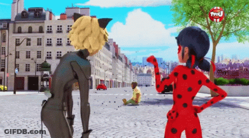 A Ladybug And Cat Noir Are Standing Next To Each Other In A City Street GIF