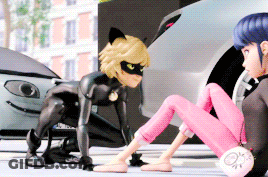 A Ladybug And Cat Noir Are Standing Next To Each Other In Front Of A Car . GIF