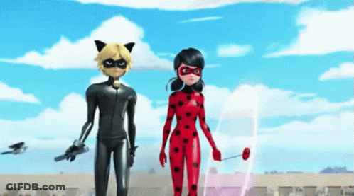 A Ladybug And Cat Noir Are Standing Next To Each Other . GIF