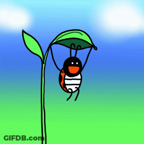 A Ladybug Is Hanging From A Green Plant With A Parachute GIF