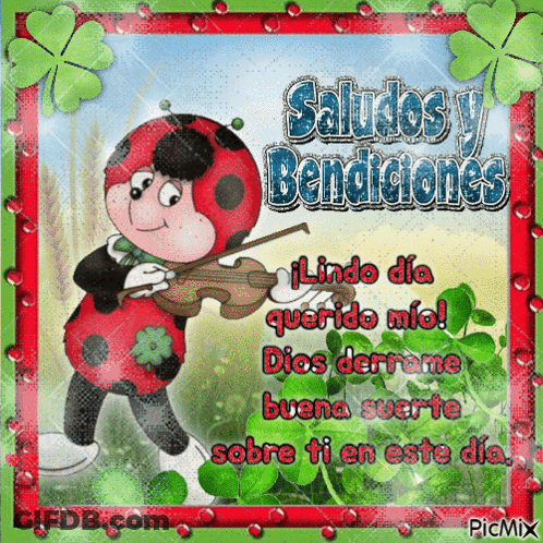 A Ladybug Is Playing A Violin With The Words Saludos Y Bendiciones GIF