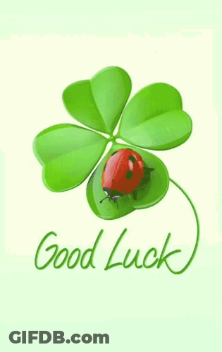 A Ladybug Sits On A Four Leaf Clover With The Words " Good Luck " Written Below It GIF