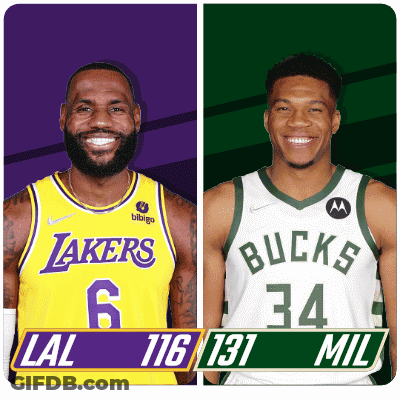 A Lakers And A Bucks Basketball Player Standing Next To Each Other GIF