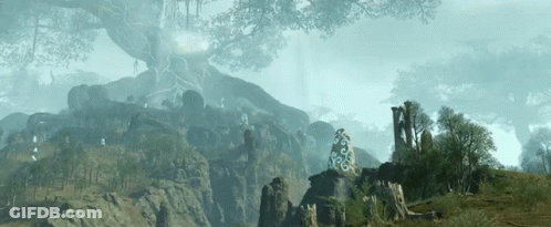 A Landscape With Trees And Rocks And A Tree With Roots In The Middle GIF