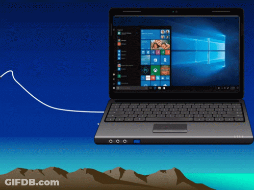 A Laptop With A Mountain In The Background And A Blue Background GIF