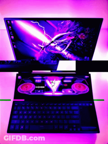 A Laptop With A Purple Lightning Bolt On The Screen And The Word Rog On The Bottom GIF