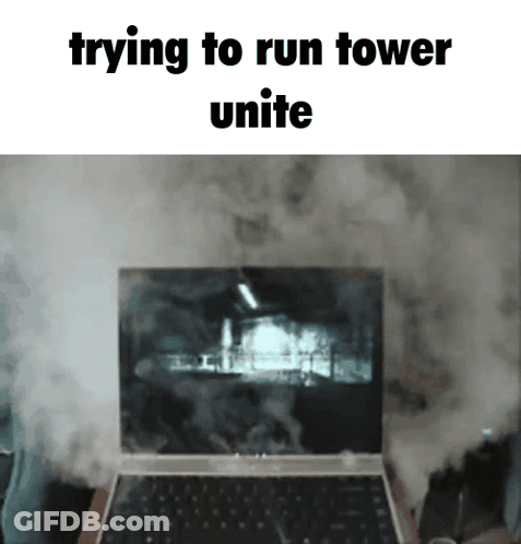 A Laptop With Smoke Coming Out Of The Screen And The Words Trying To Run Tower Unite GIF