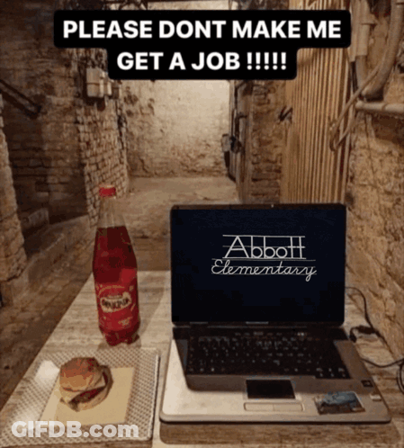 A Laptop With The Word Abbott Elementary On The Screen GIF