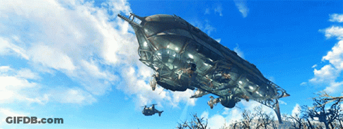 A Large Airship Is Flying In The Sky Above A Helicopter GIF
