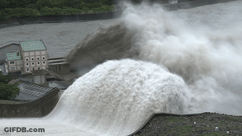 A Large Amount Of Water Is Coming Out Of A Dam And The Word Orbo Is On The Bottom Right GIF
