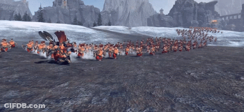 A Large Army Of Dwarfs Are Running Through A Snowy Field In A Video Game GIF