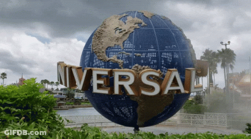 A Large Blue Globe With The Word Universal On It GIF
