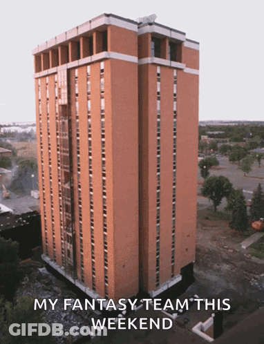 A Large Brick Building With The Words My Fantasy Team This Weekend On The Bottom GIF
