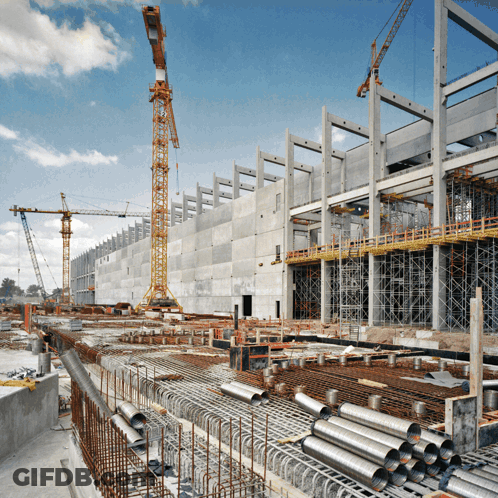 A Large Building Is Being Built With A Lot Of Cranes In The Background GIF