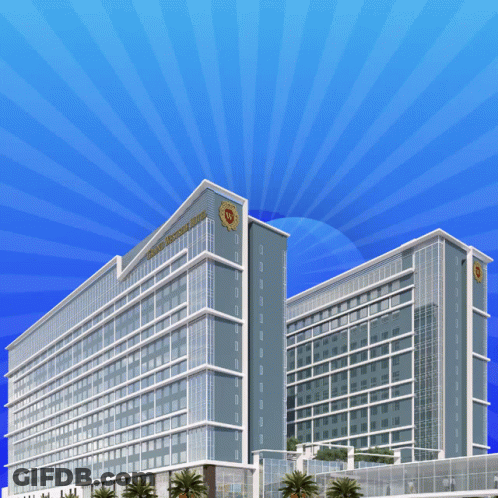 A Large Building With The Words Best Hotel Written On It GIF