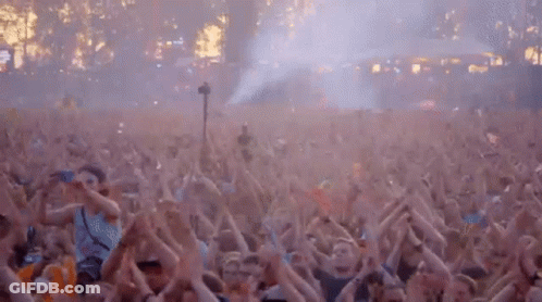 A Large Crowd Of People Are Dancing At A Concert . GIF