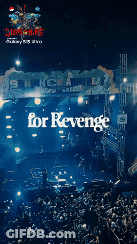 A Large Crowd Of People Watching A Concert With The Words For Revenge On The Stage GIF