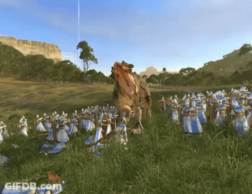 A Large Dinosaur Is Eating A Smaller Dinosaur In A Field GIF