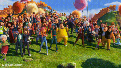 A Large Group Of Cartoon Characters Are Gathered In A Field GIF