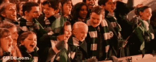 A Large Group Of Children Wearing Green And White Scarves Are Standing Next To Each Other . GIF
