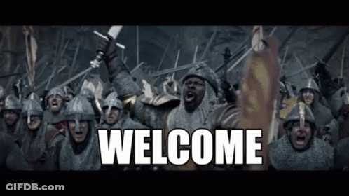 A Large Group Of Medieval Soldiers Are Holding Swords And Shouting The Word Welcome GIF