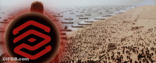 A Large Group Of People Are Gathered On A Beach In Front Of A Large Red Circle GIF