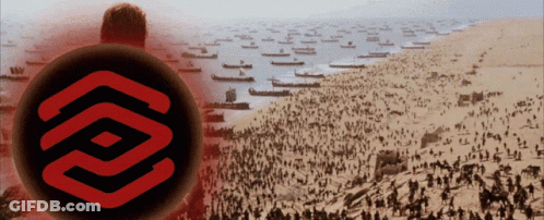 A Large Group Of People Are Gathered On A Beach In Front Of A Large Red Circle With The Letter P On It GIF